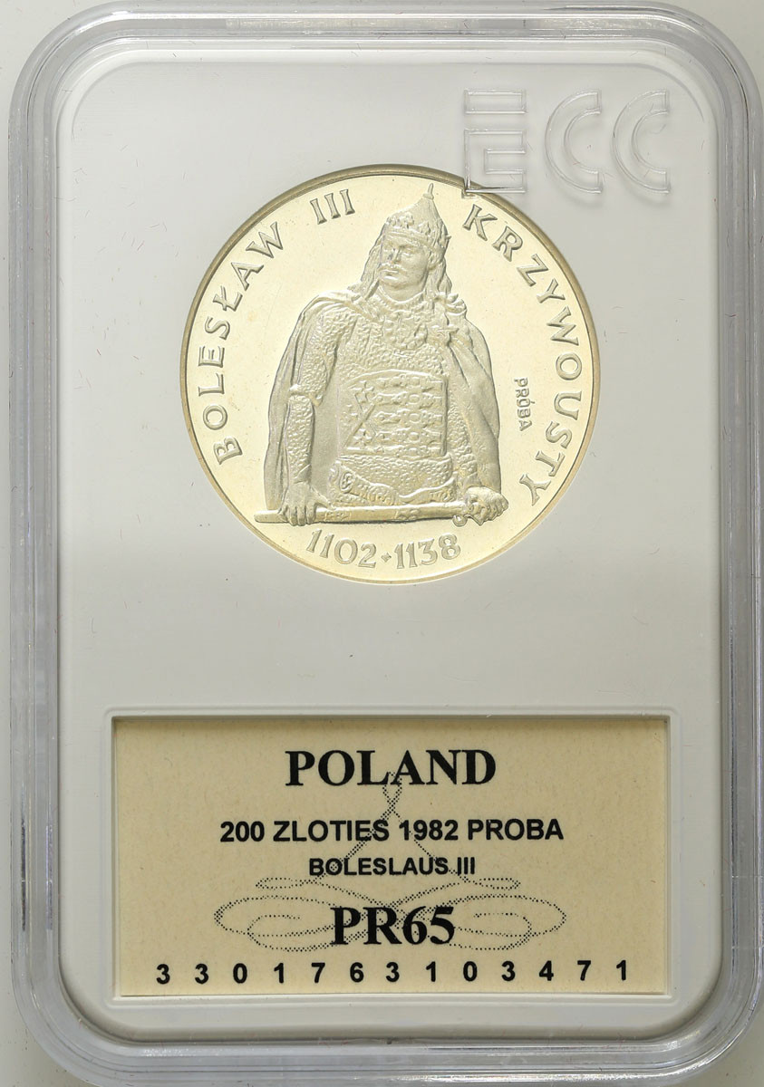 PRL. PRÓBA Srebro 200 złotych 1982 Krzywousty - półpostać GCN PR65